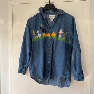 Vintage Halloween Embroidered Pumpkin Patch Denim Button Down Shirt - Size M